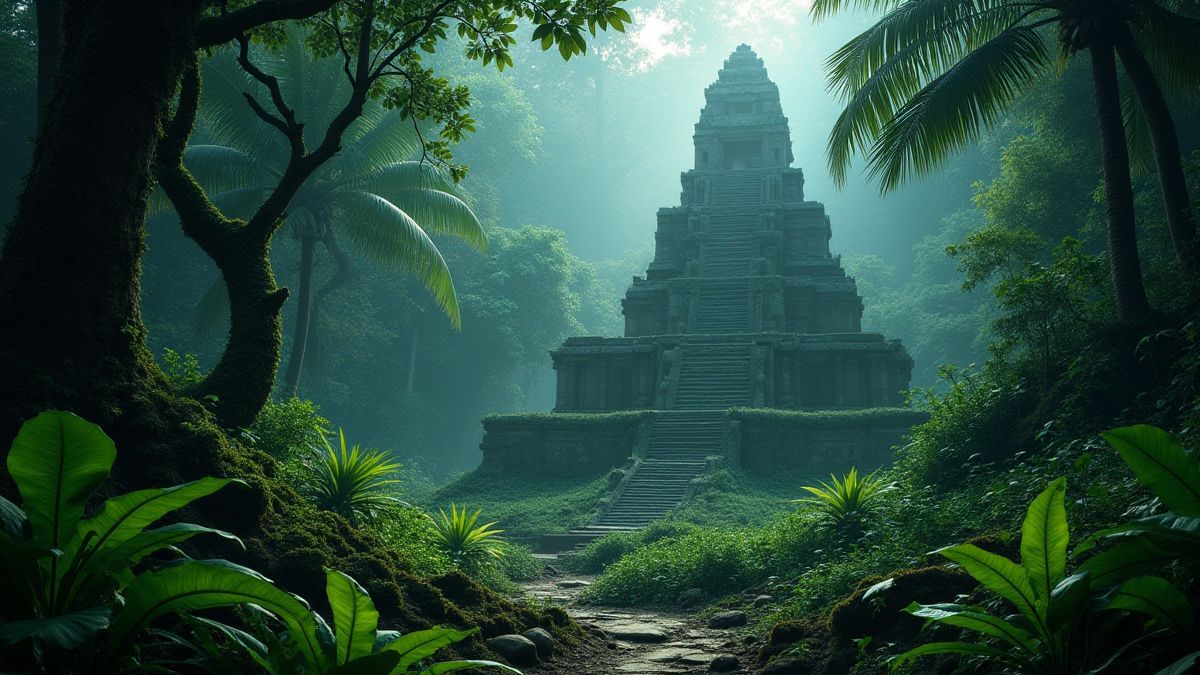 Een tropische jungle met oude ruïnes en gloeiende planten.