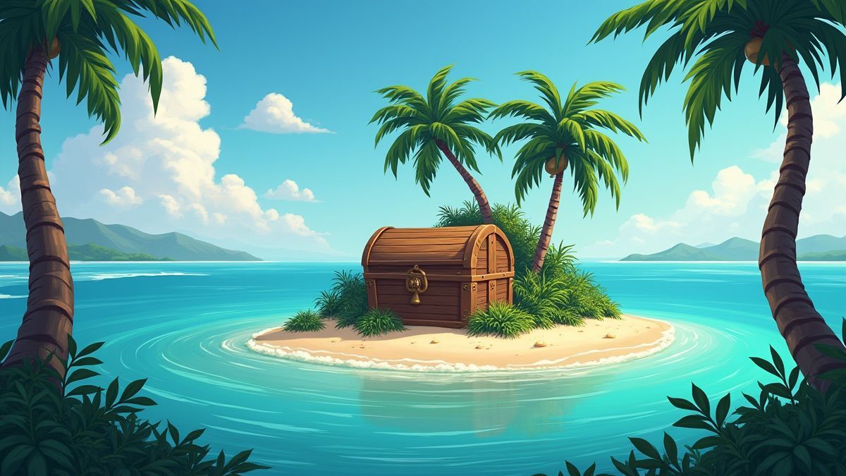Een tropisch eiland met een schatkist omringd door weelderige vegetatie.