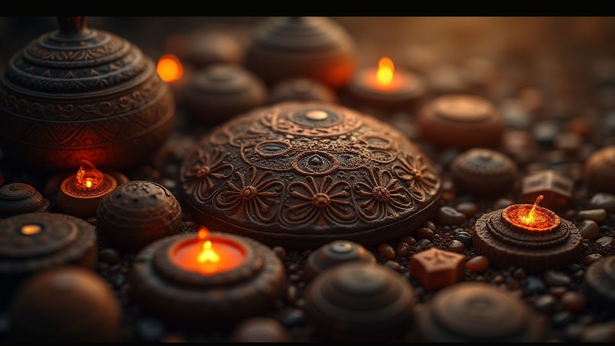 Artefacts tribaux entourés de lumière magique.