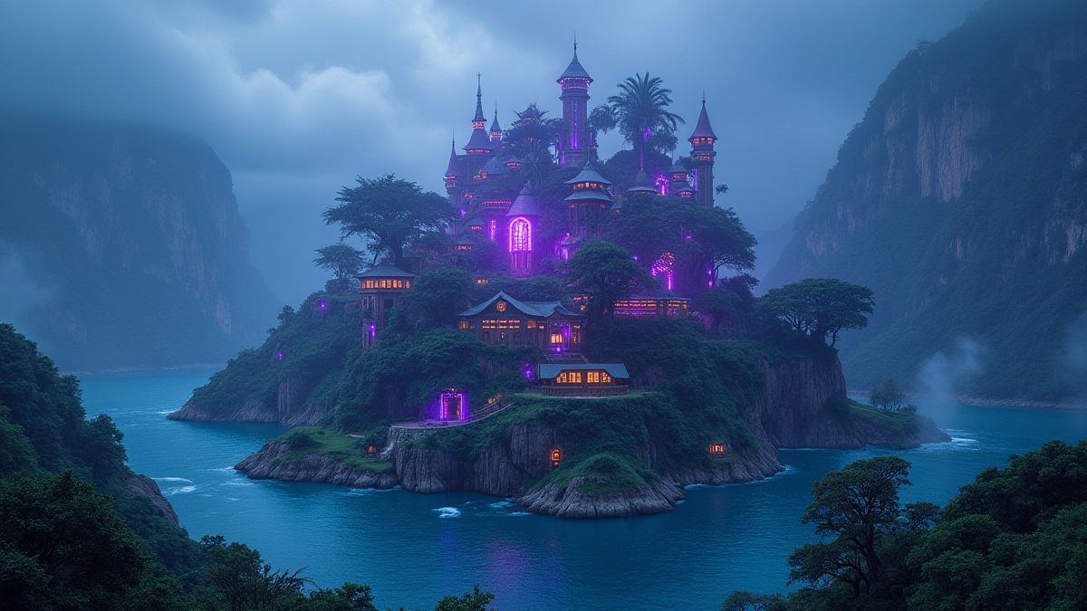 Paysage d'île mystique avec végétation et lumières pourpres.