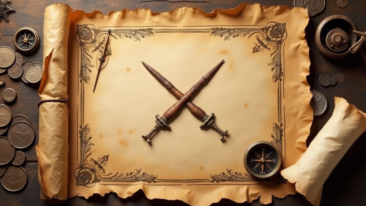 Un mapa pirata con tesoros marcados y objetos antiguos alrededor.