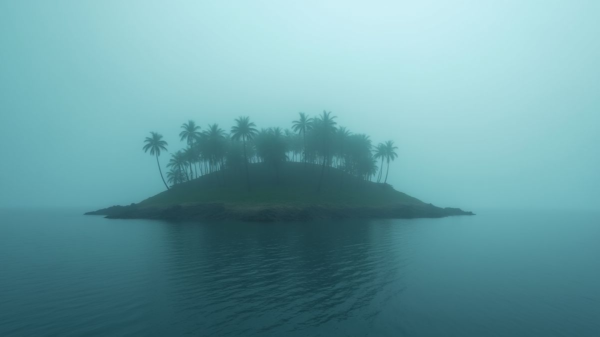Una isla misteriosa rodeada de niebla y palmeras.