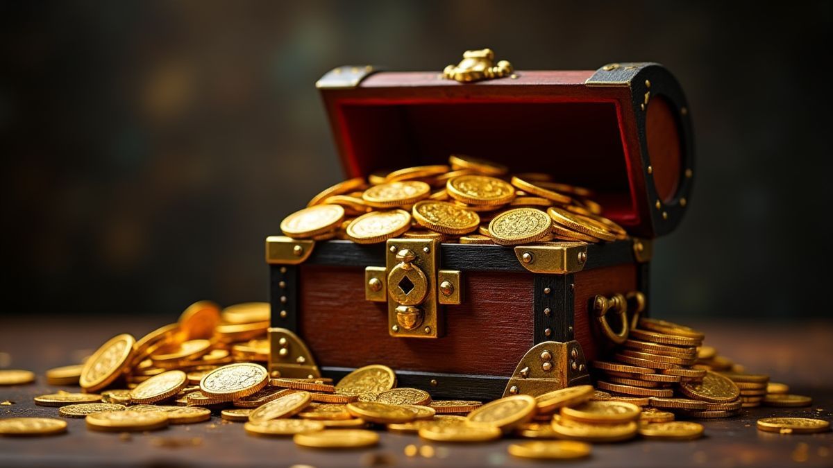 Un cofre del tesoro lleno de monedas de oro y joyas.