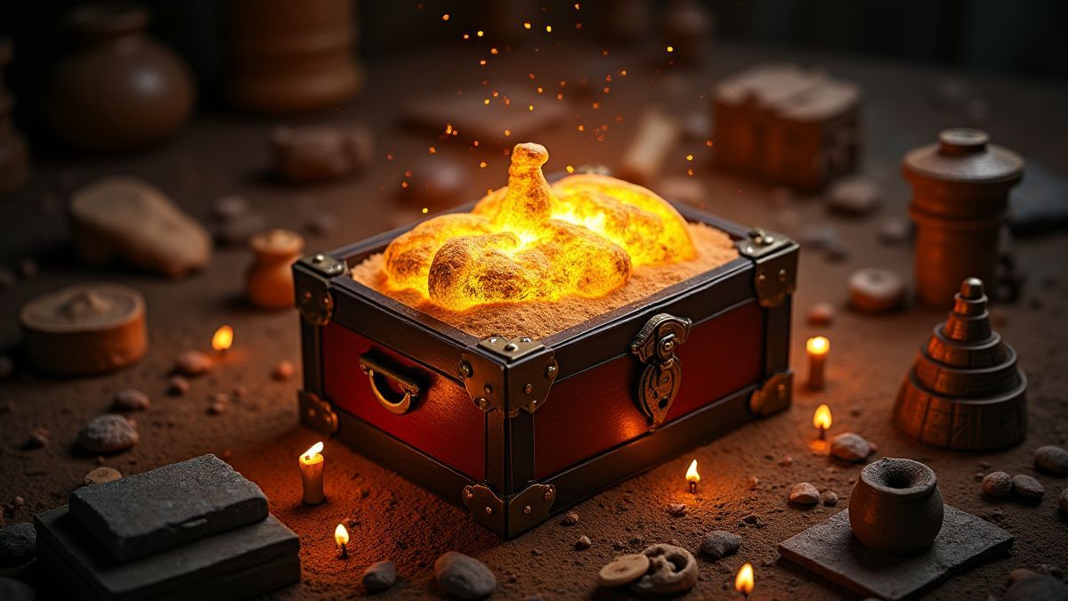 Un cofre del tesoro brillante rodeado de artefactos antiguos.