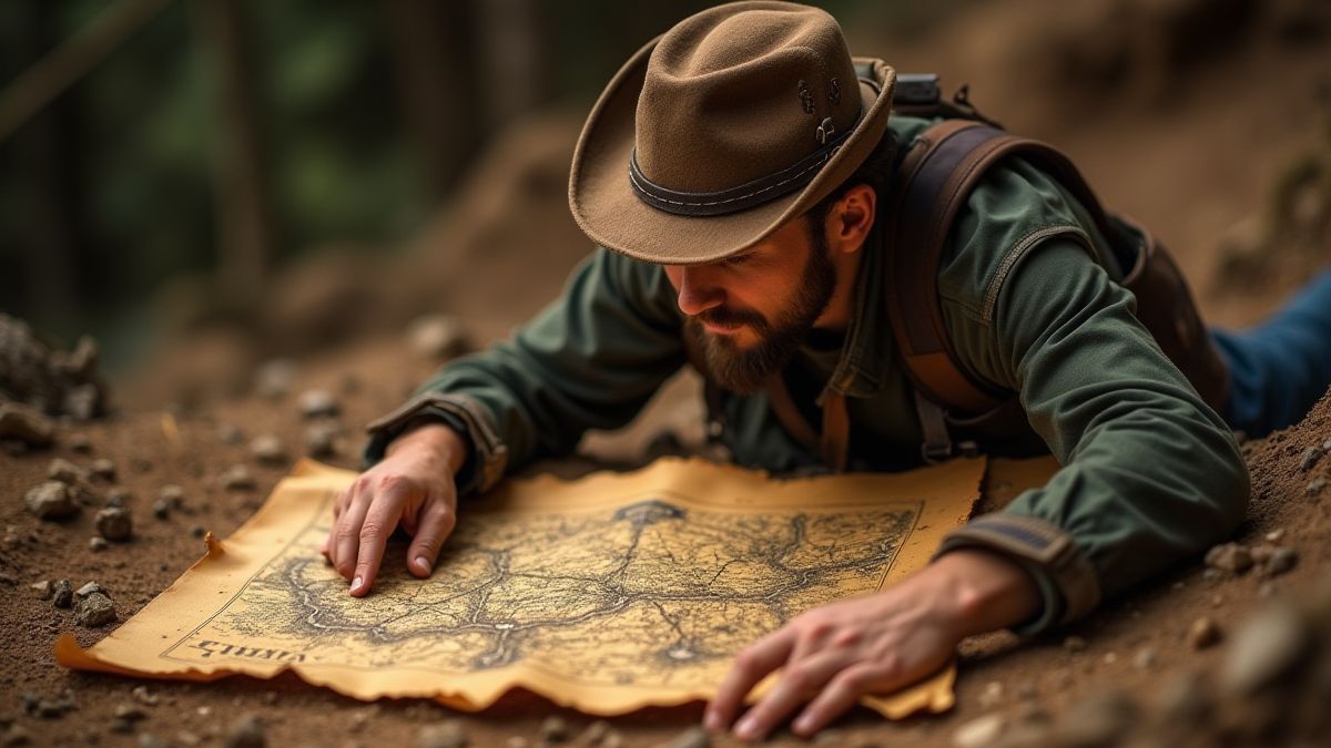 Un arqueólogo examinando un mapa del tesoro.