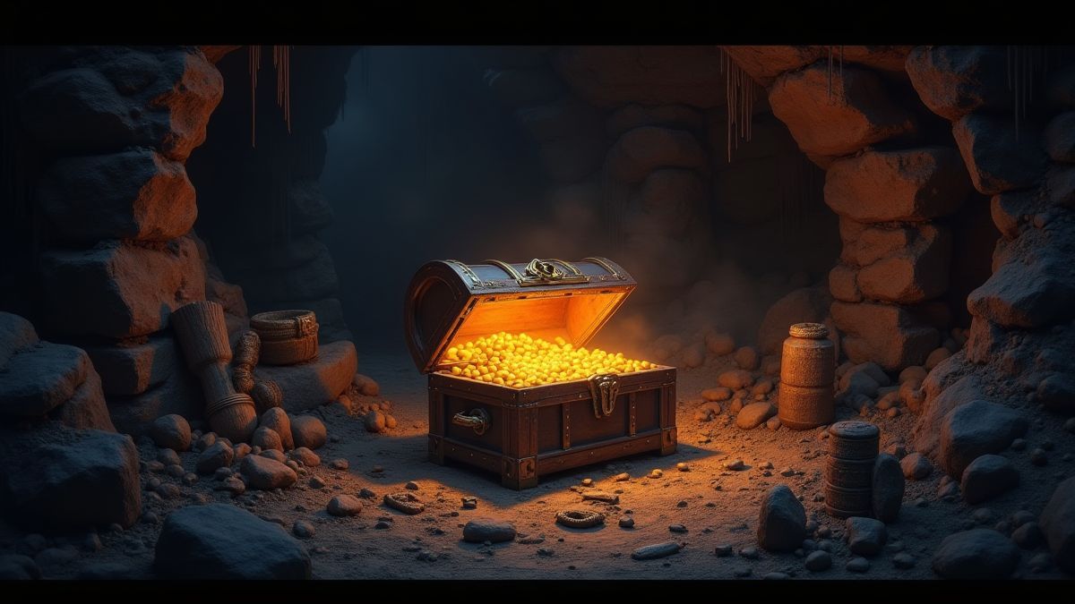 Eine leuchtende Schatztruhe umgeben von antiken Reliquien in einer dunklen Höhle.