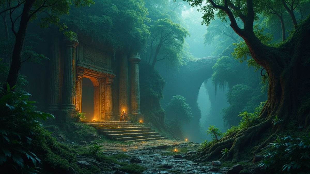 Cenário de selva com ruínas antigas e artefatos brilhantes