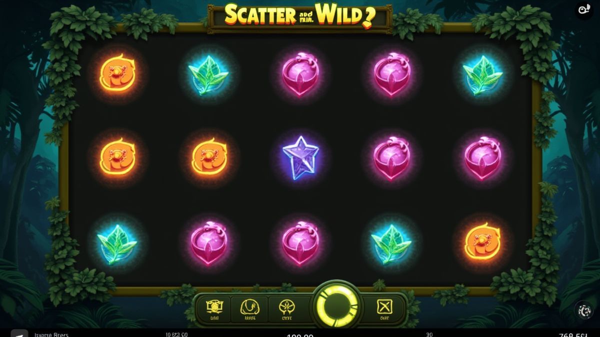 Símbolos Scatter e Wild brilhando em um jogo de slot temático de selva