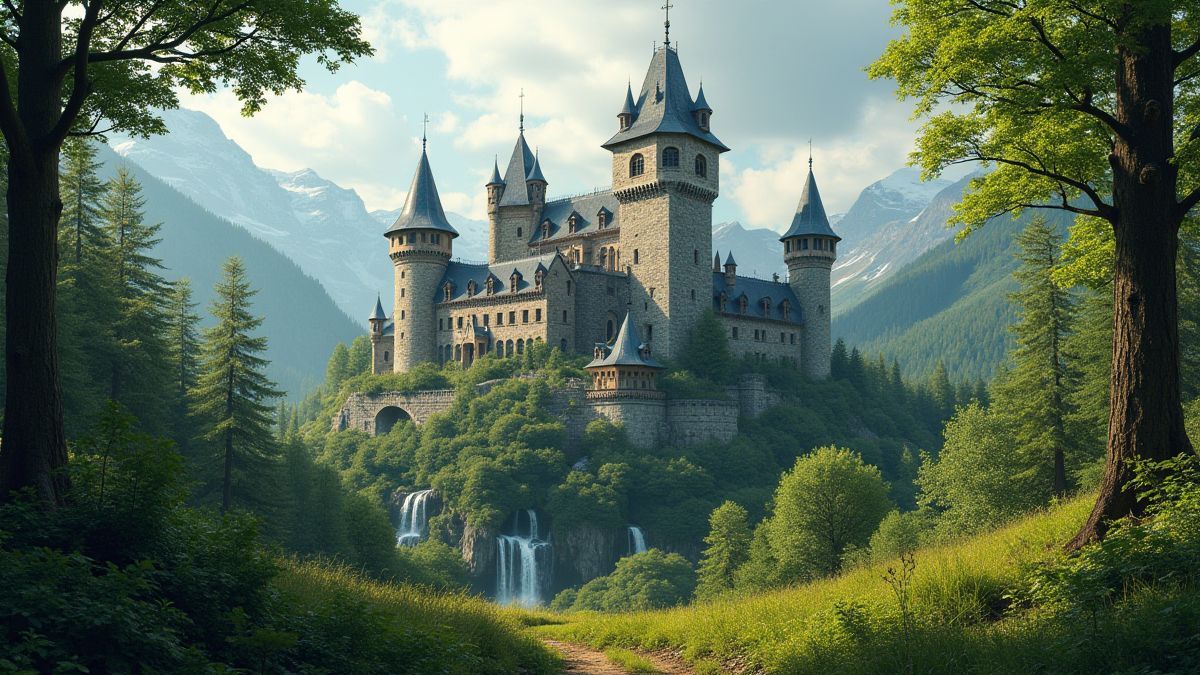 Un castillo medieval rodeado de vegetación.