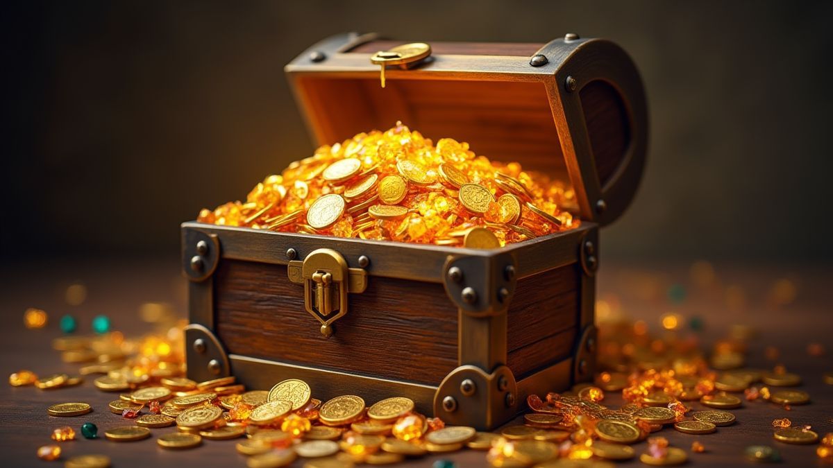 Un cofre del tesoro lleno de monedas y gemas.