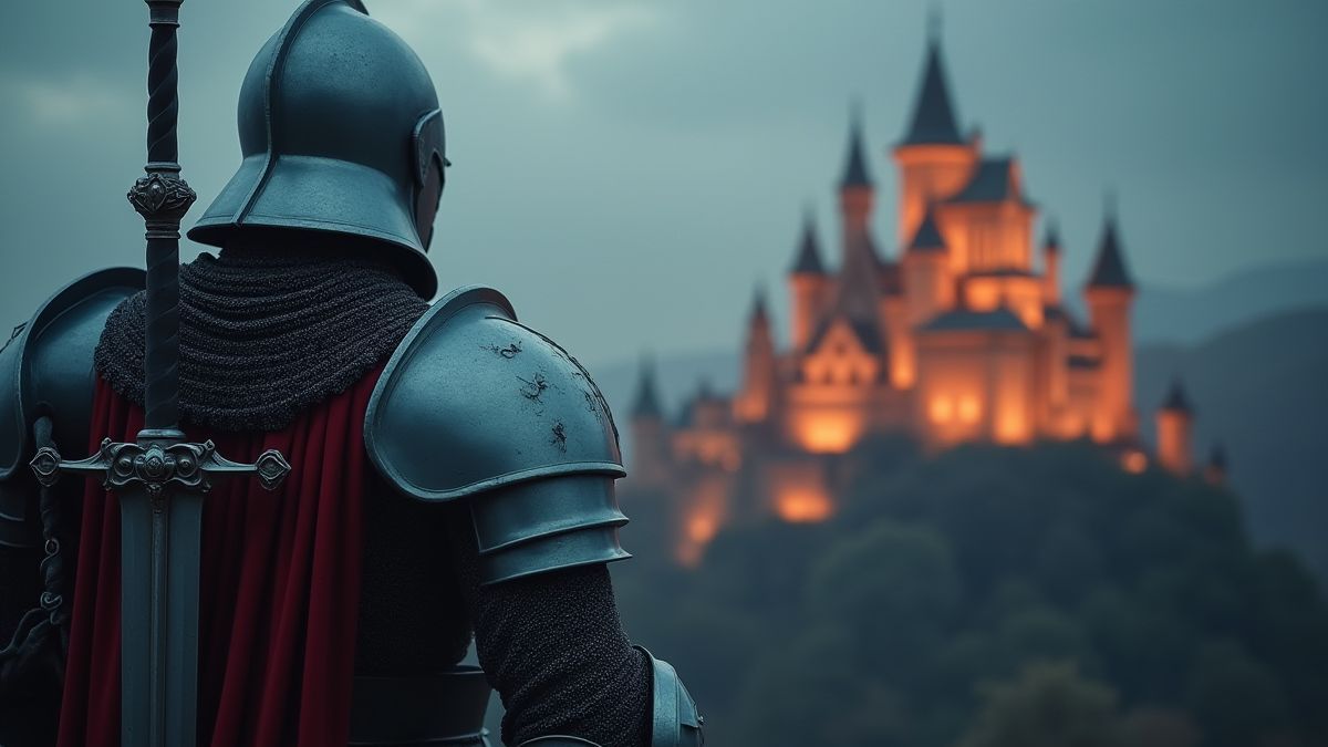 Un caballero sosteniendo una espada con un castillo iluminado de fondo.