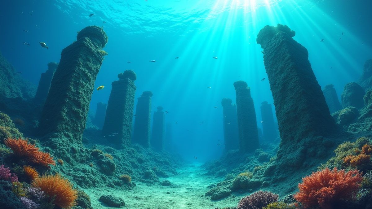 A colorful underwater scene with ruins and marine life.