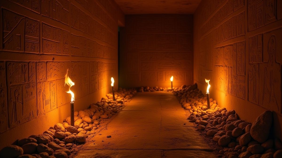 Ancient Egyptian tomb illuminated by torches.