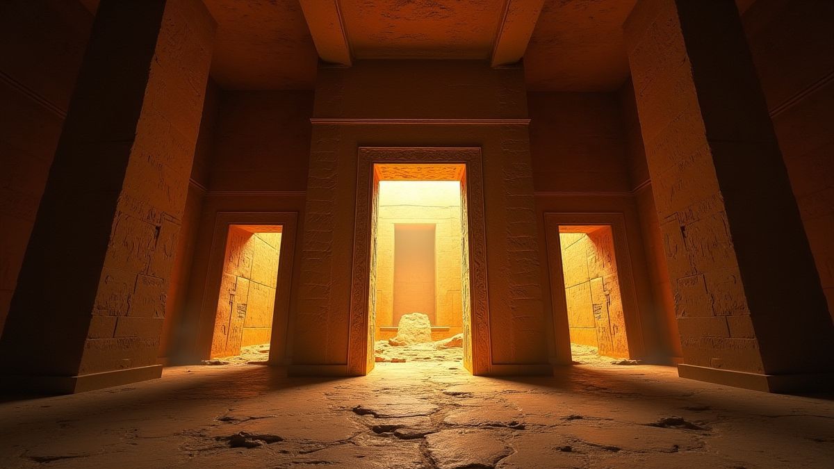 Egyptian tomb with several mysterious doors.