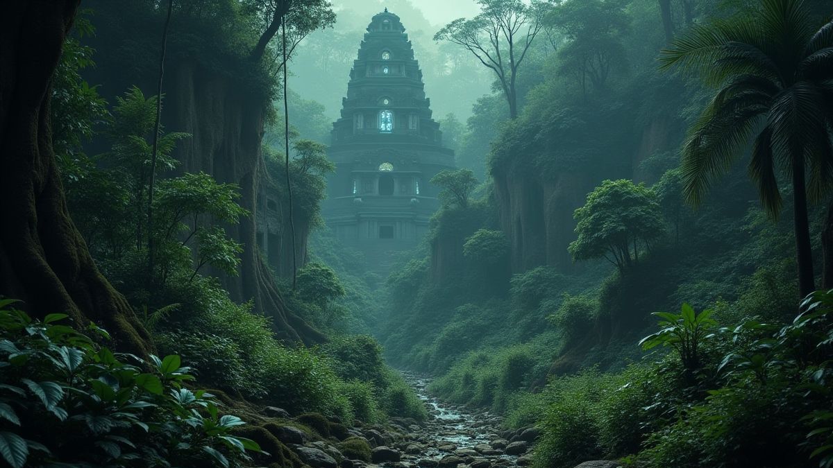 Oude ruïnes in een dichte jungle met glinsterende edelstenen.