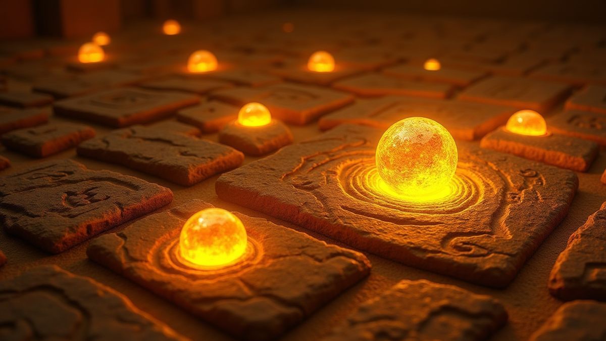 Gouden scatter-symbolen die fel stralen boven oude steeninscripties.