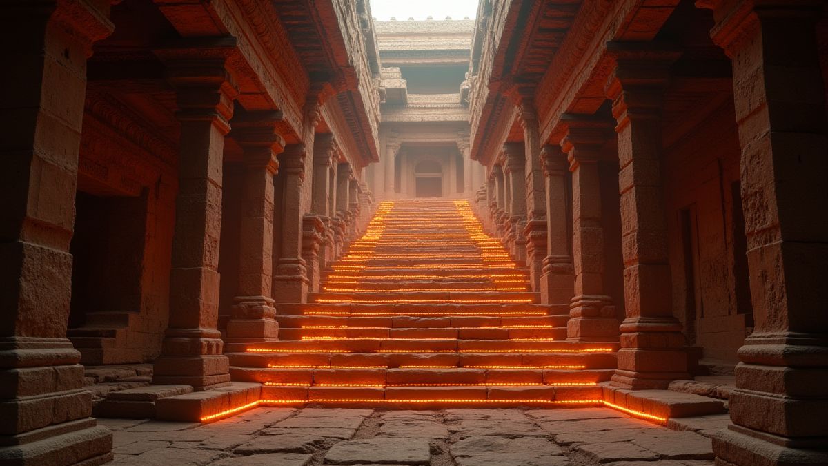 Escaleras brillantes en un templo con grabados antiguos