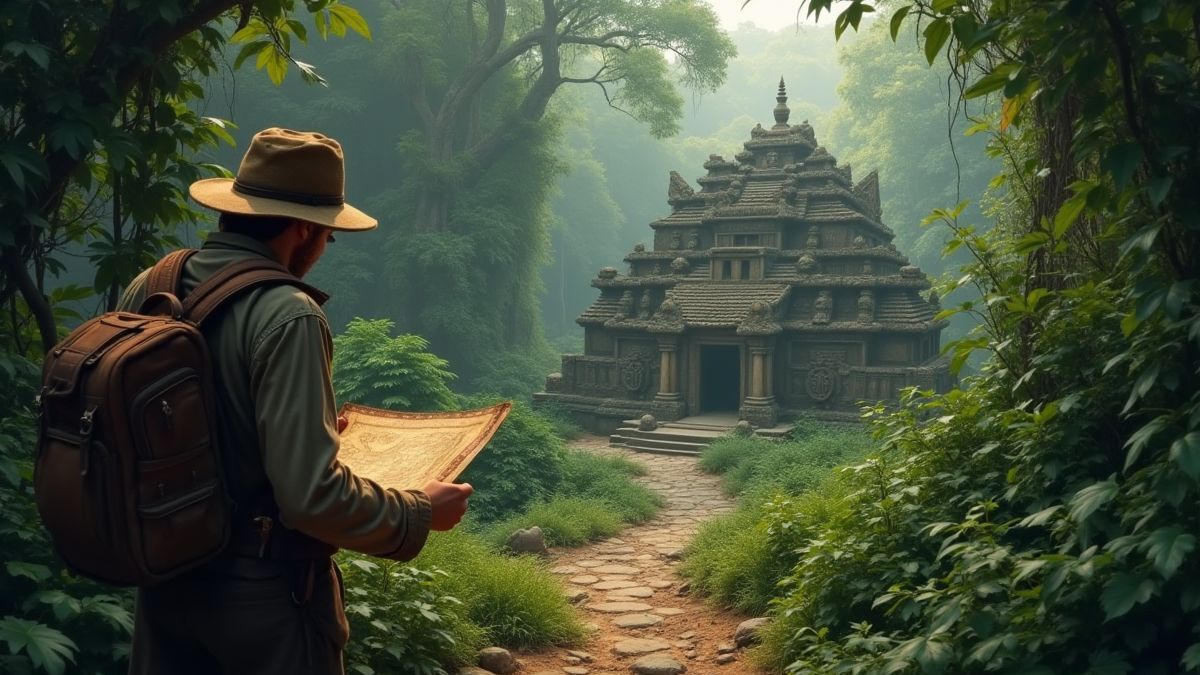 Aventurero con un mapa cerca de un templo en la selva