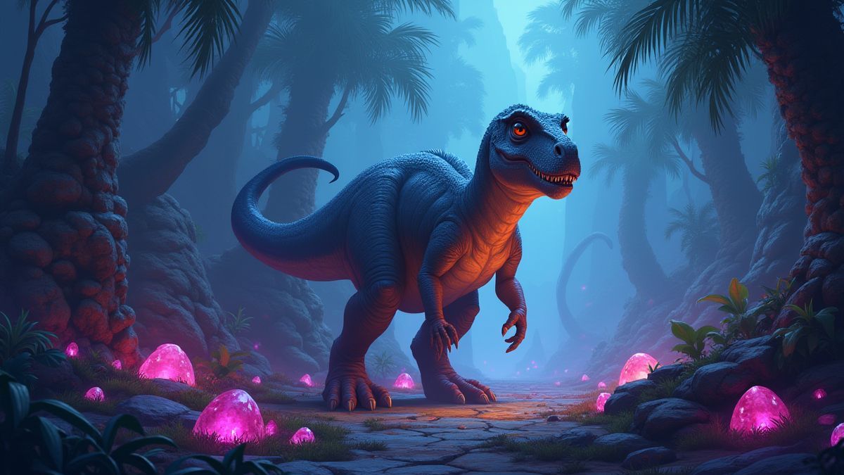 Un dinosaur entre gemmes brillantes et ruines anciennes dans la jungle.