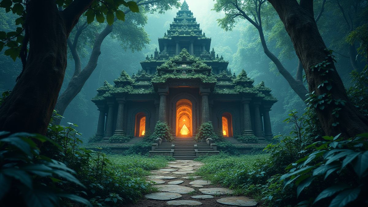 Un temple ancien entouré de cristaux brillants et de lianes dans la jungle.