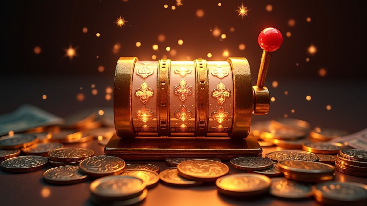 Máquina caça-níqueis clássica cercada de moedas e notas de dólar.