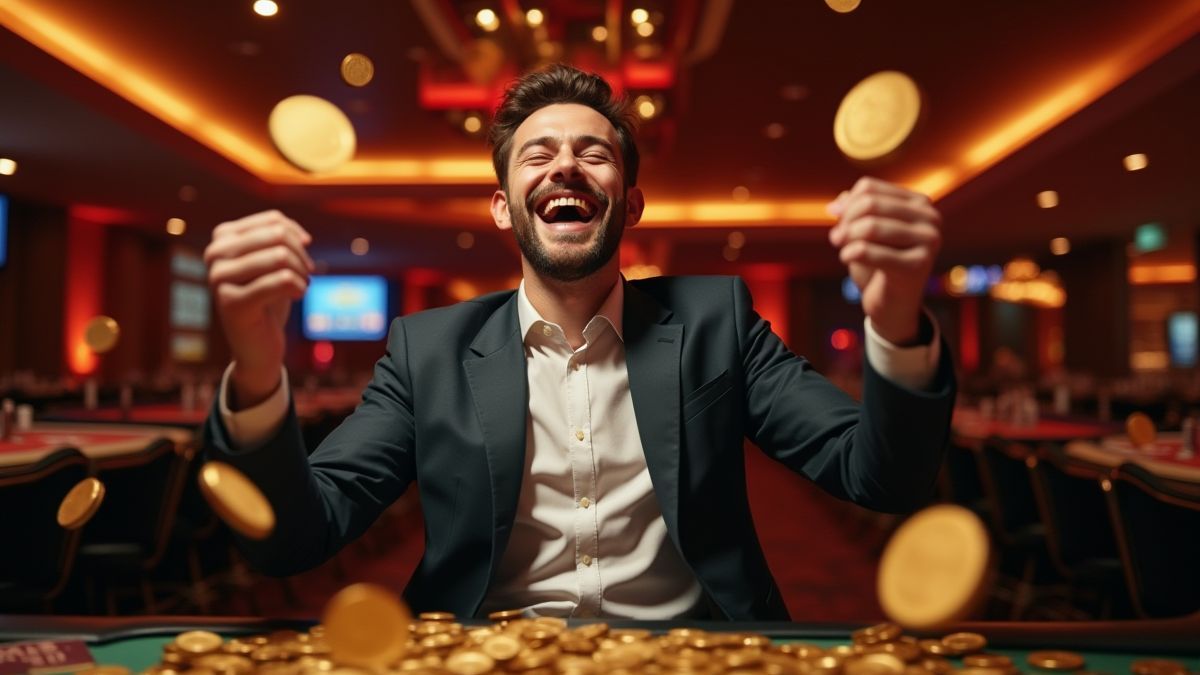 Jogador feliz celebrando em um cassino com moedas de ouro voando ao redor.