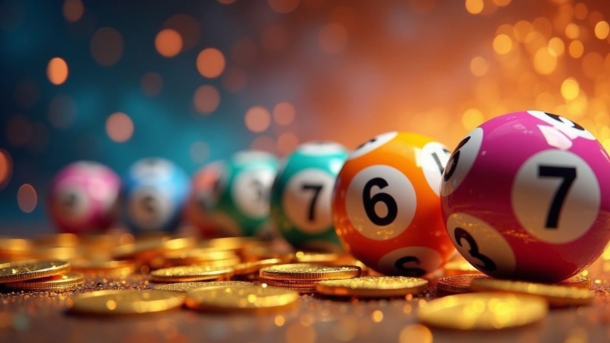 Un fondo temático de lotería con bolas numeradas y monedas doradas brillantes.