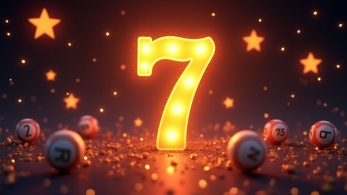 El número 7 rodeado de estrellas brillantes y bolas de lotería.