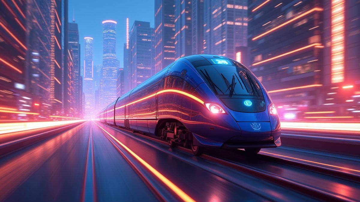 Een futuristische trein die door een stralende stad raast.