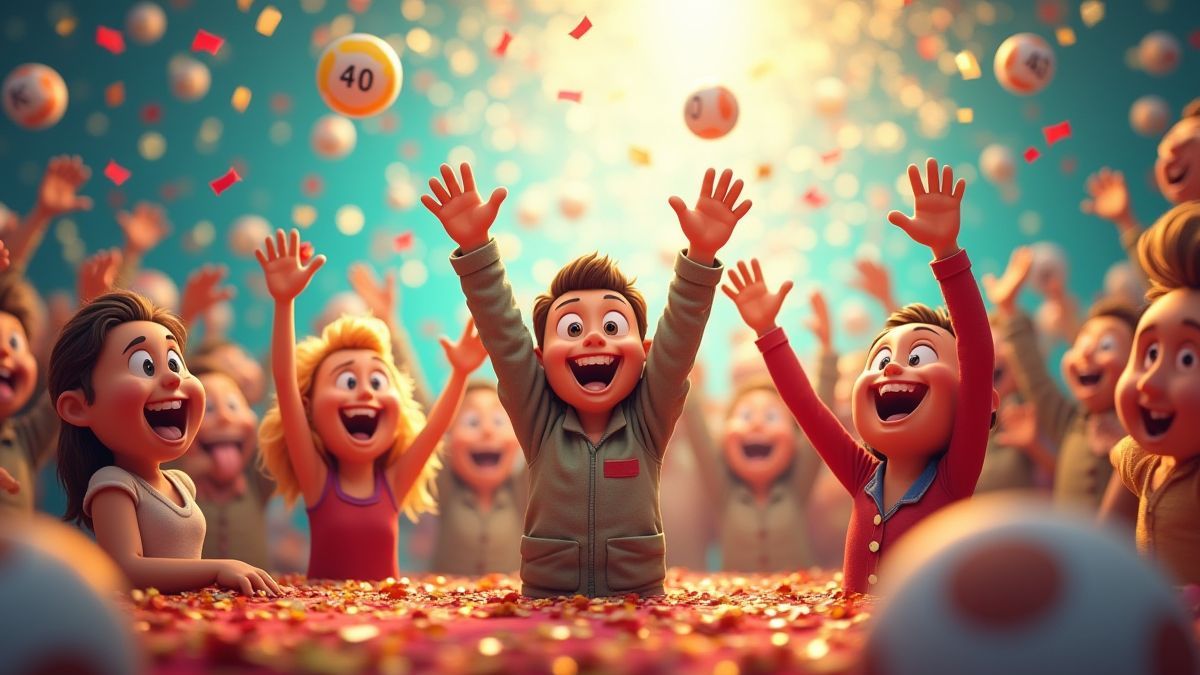 Celebração de loteria com confeti e personagens animados.