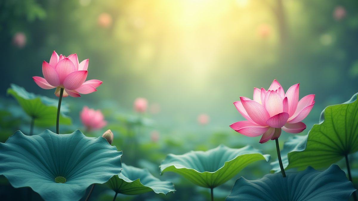 Un jardín oriental con flores de loto en plena floración.