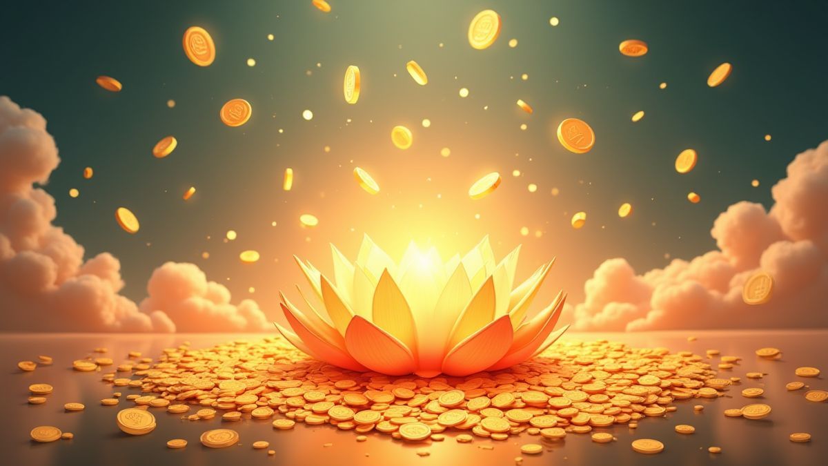 Un estallido de monedas doradas y flores de loto flotando en el aire.