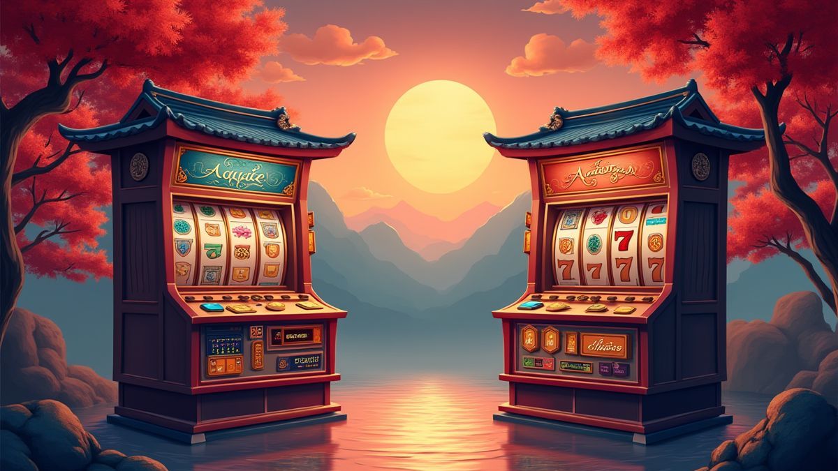 Comparación entre una máquina tragamonedas tradicional y una pantalla temática oriental.
