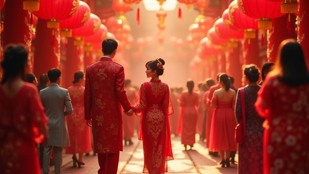 Szene einer chinesischen Hochzeit mit roten Dekorationen und traditionellen Trachten.