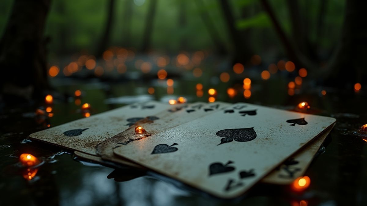 Pokerkarten umgeben von Glühwürmchen in einem Louisiana-Sumpf.