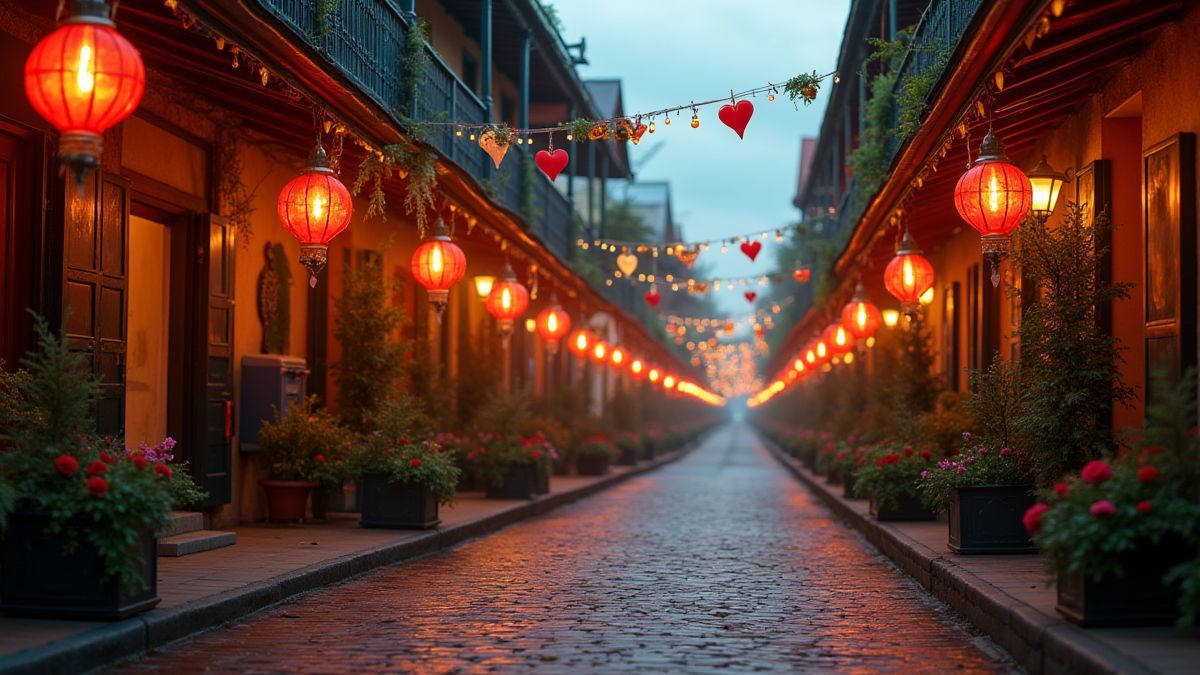 Szene einer festlichen Straße in Louisiana mit Pokerkarten als Dekoration.
