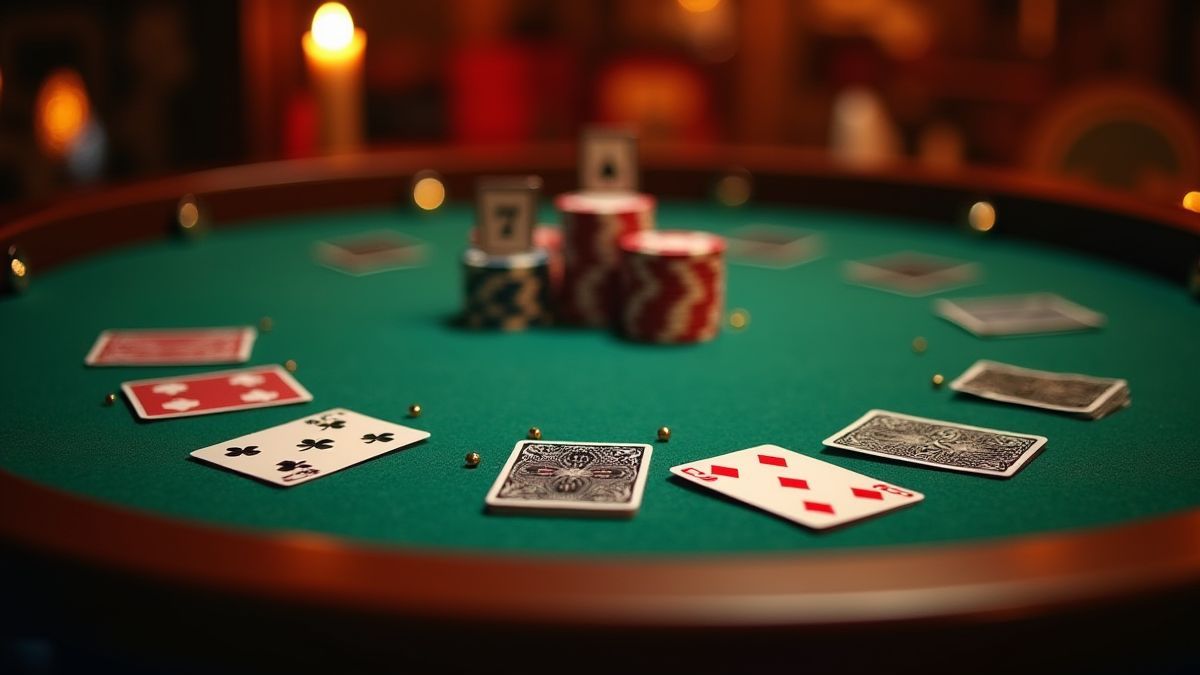 Pokertisch mit Chips und Karten umgeben von Cajun-Stil Dekorationen.