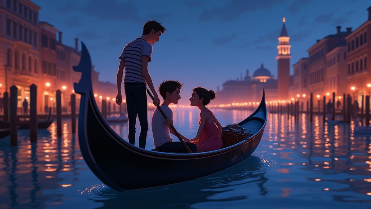 Um passeio em gôndola por Veneza com personagens animados desfrutando de uma noite romântica.