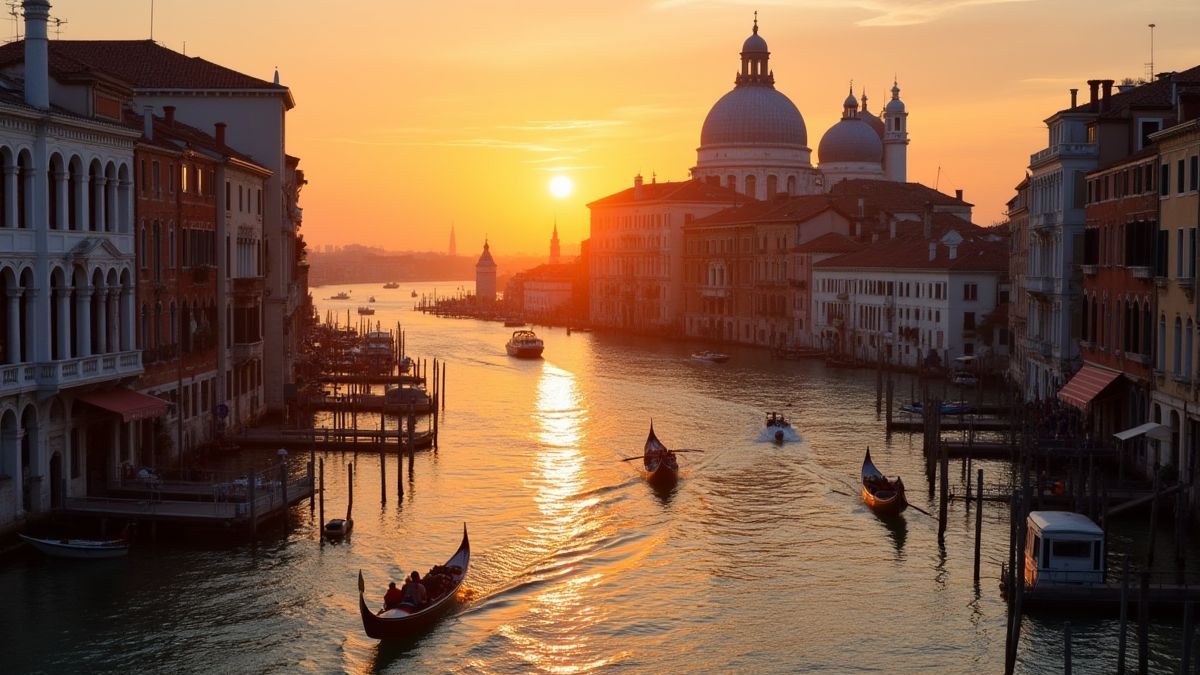 Venice canals at sunset with gondolas sailing by.