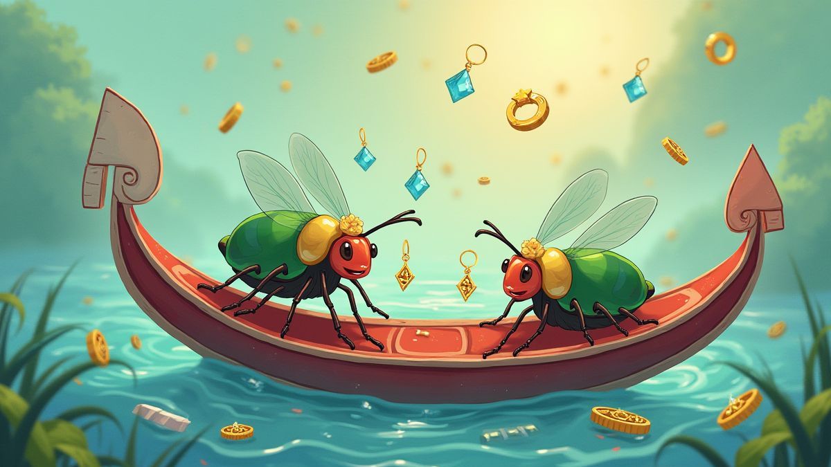 Bugs in a gondola collecting prizes like necklaces and diamond rings.