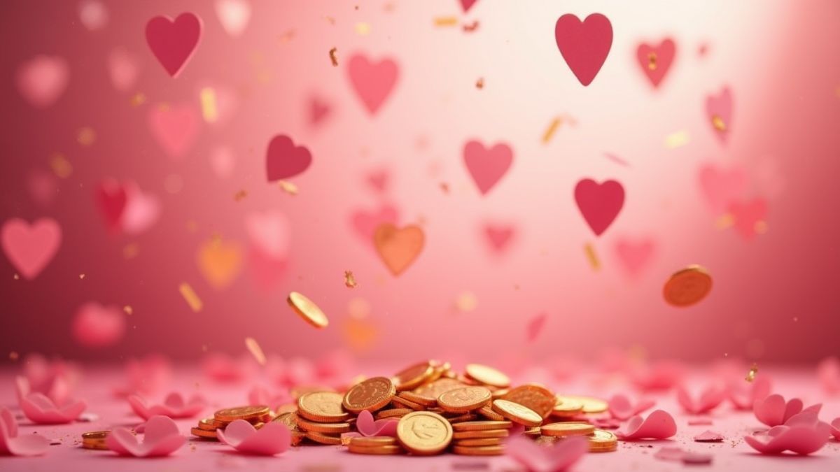 Pink hearts and golden coins falling in a festive scene.