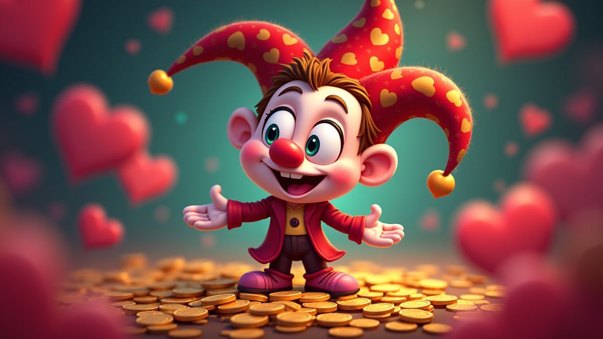 A playful joker surrounded by hearts and coins with a festive atmosphere.