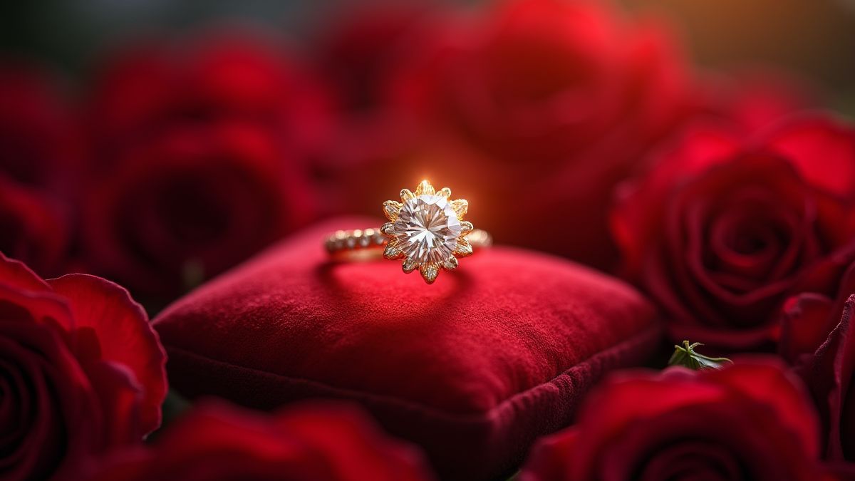 An engagement ring surrounded by roses