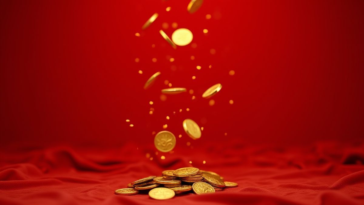 Gouden munten die neerdalen op een rode fluwelen achtergrond.