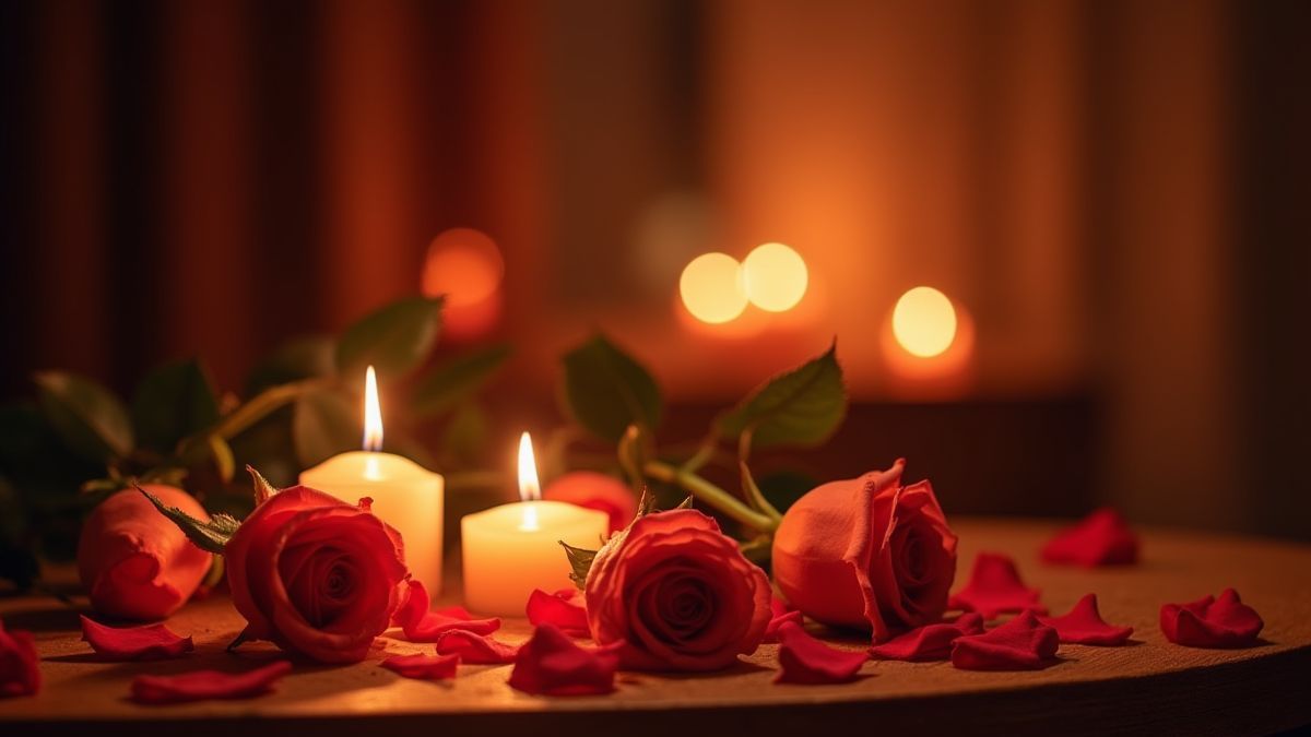 Un scénario romantique avec des bougies et des roses.