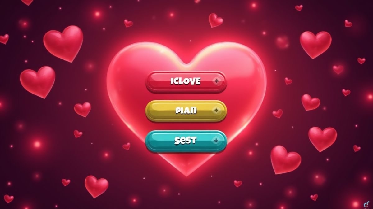 Gaming interface with colorful buttons and glowing hearts.