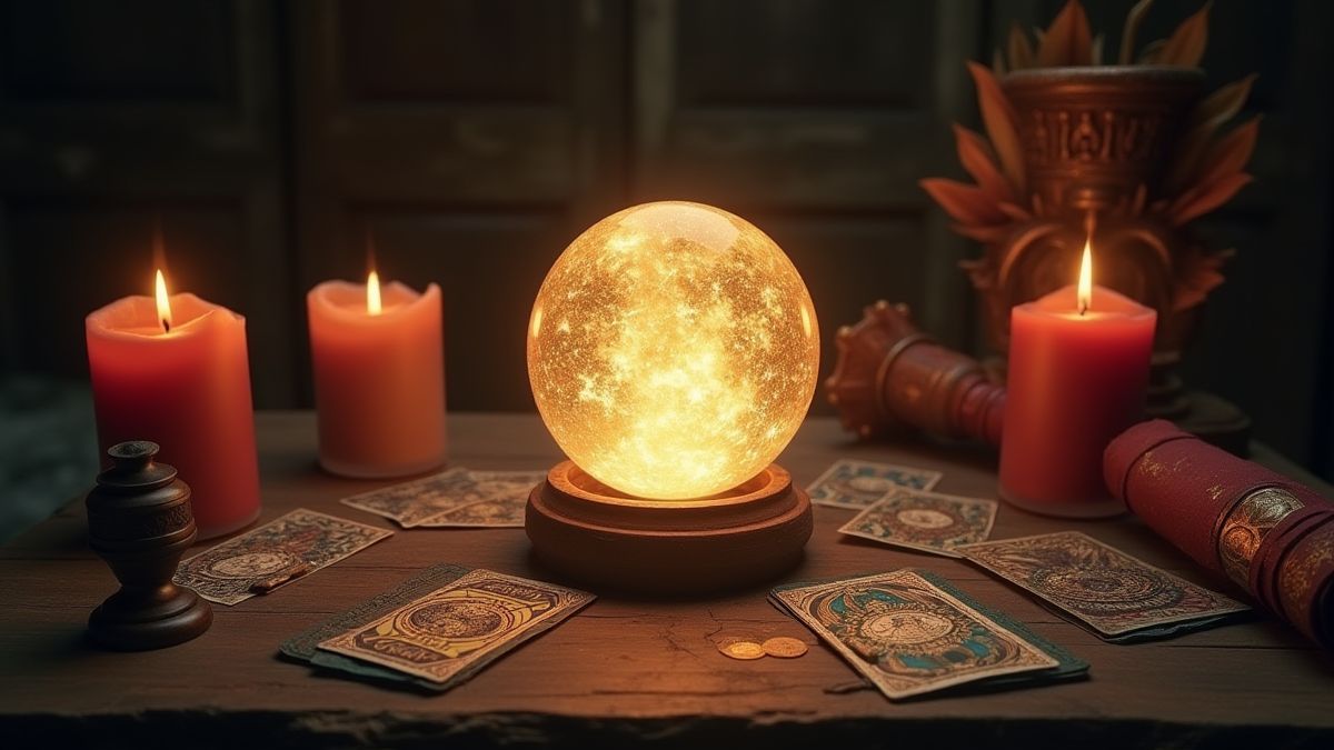 Eine leuchtende Kristallkugel auf einem Tisch, umgeben von Tarotkarten und Kerzen.
