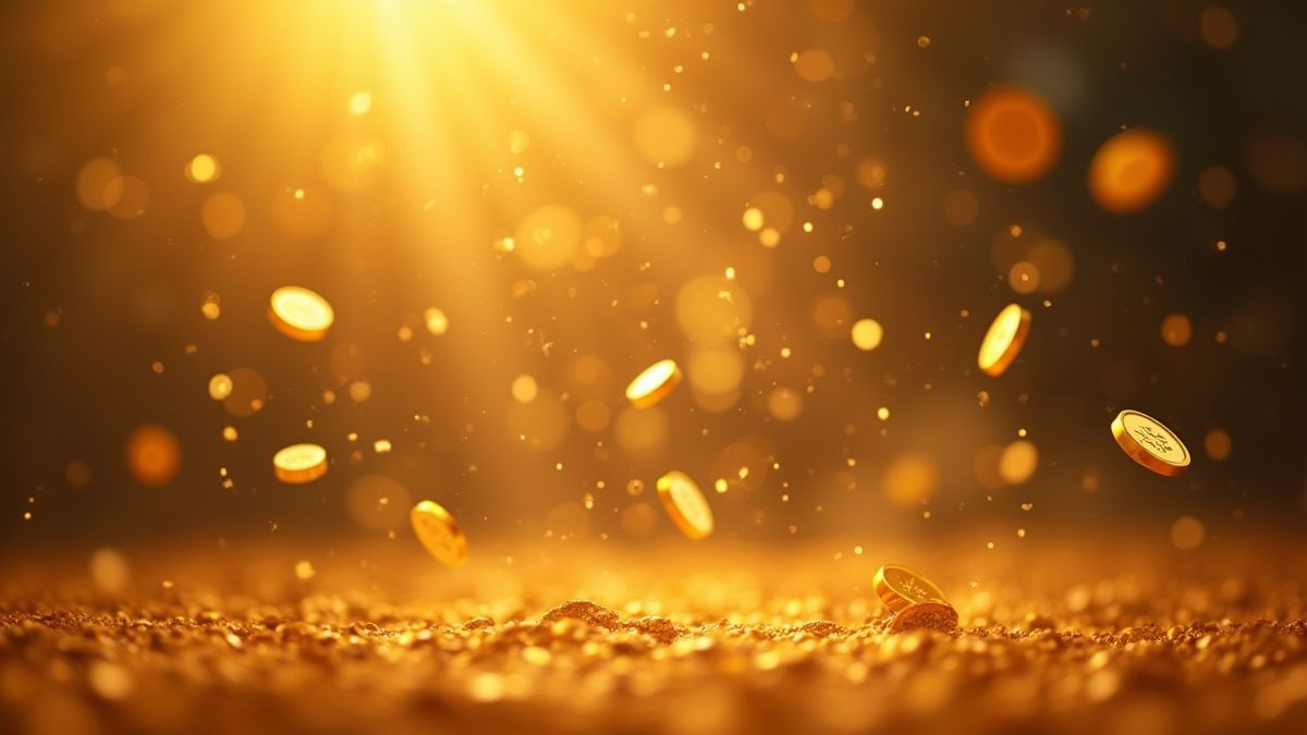 Goldmünzen, die vom Himmel fallen, mit magischen Funkeln.