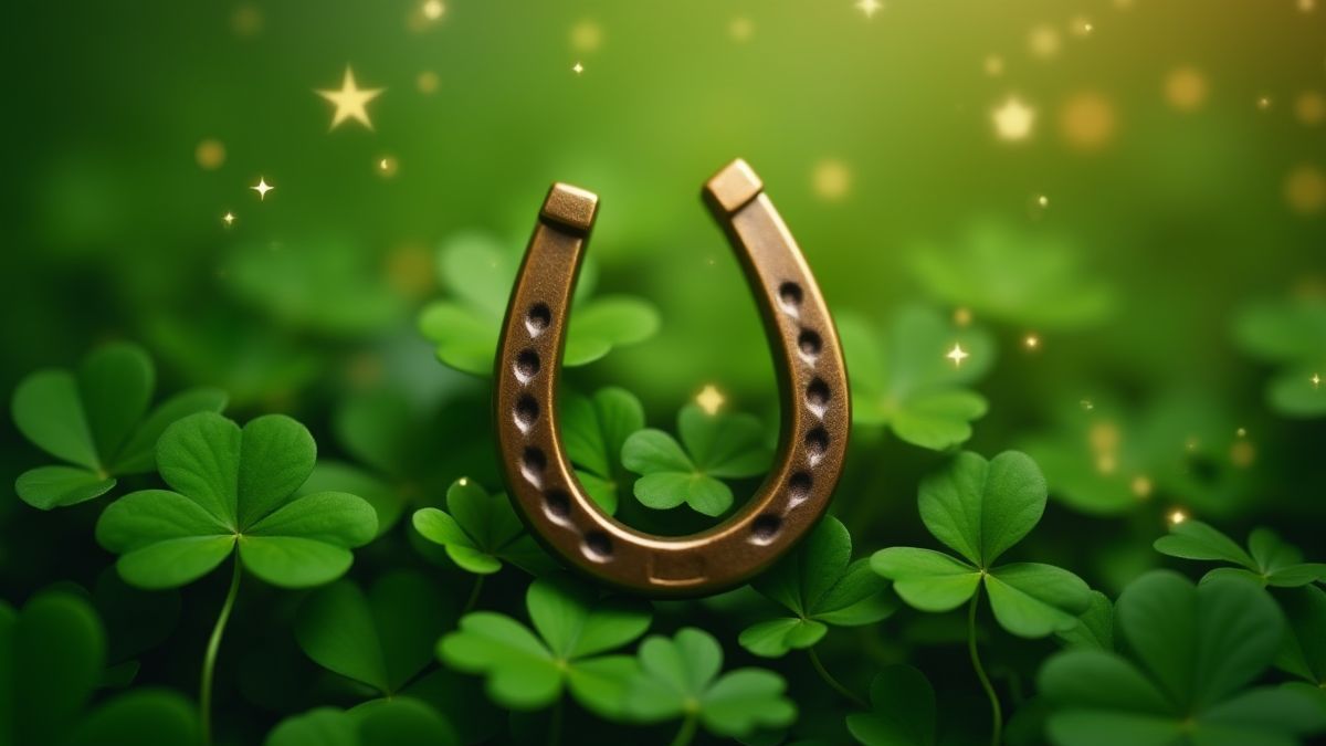 Ein Glückshufeisen auf Kleeblättern, umgeben von Funkeln.