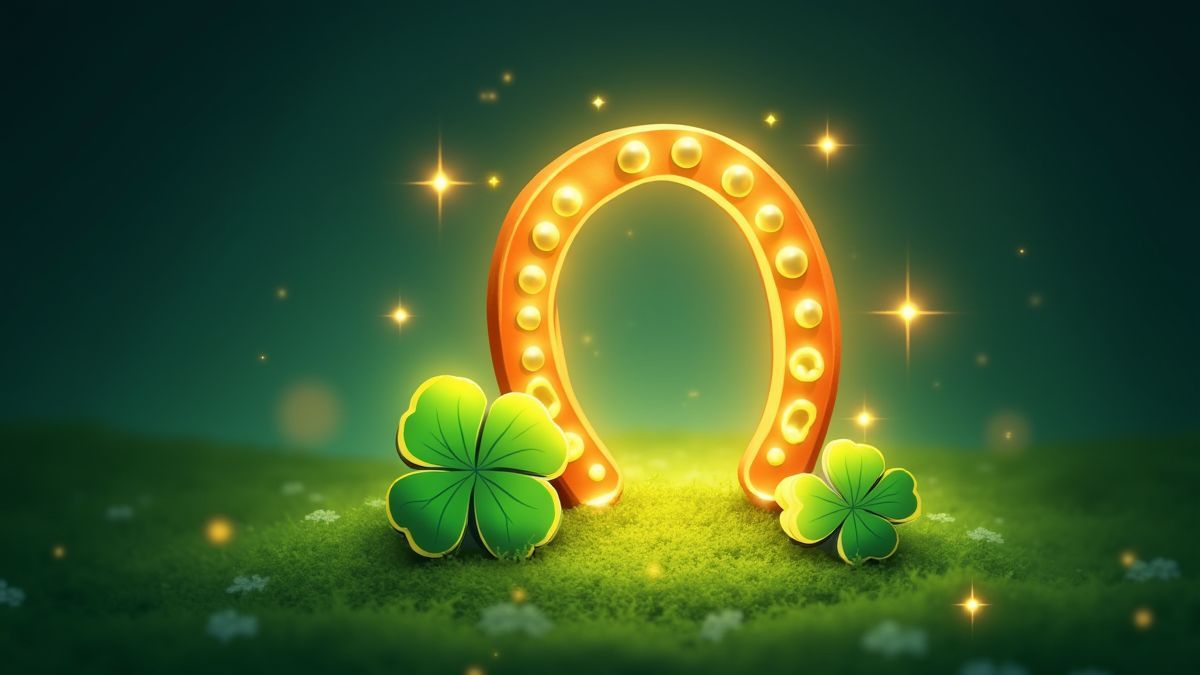 Een glinsterende hoefijzer en magische klavers omringd door fonkels.